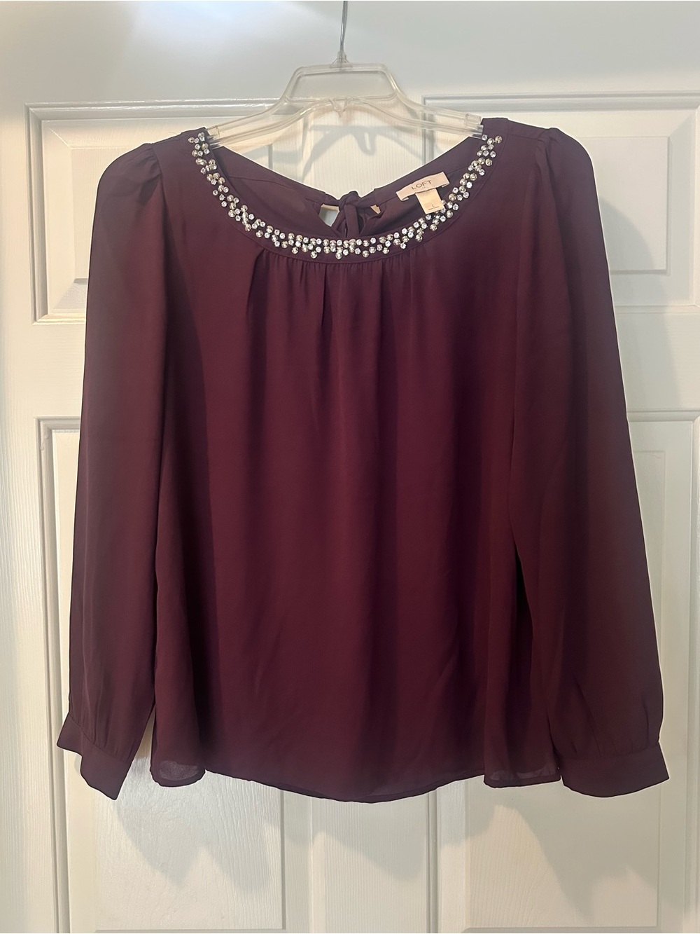 LOFT Wine Colored Embellished Neck Blouse size Large